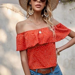 Polka Dot Ruffle Bardot Blouse